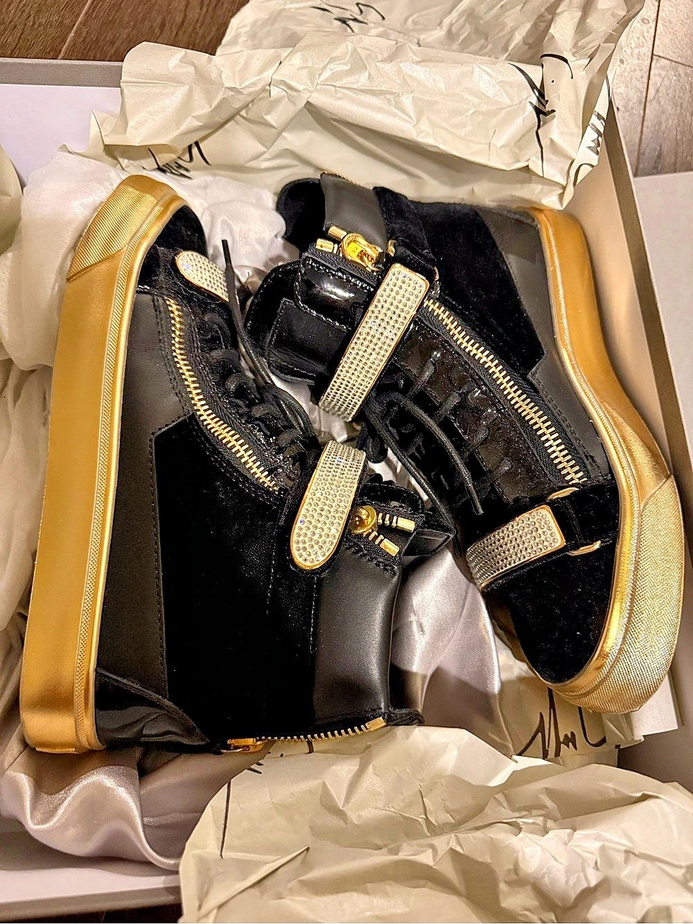 Giuseppe Zanotti Black & Gold Crystal High-Top Sneakers